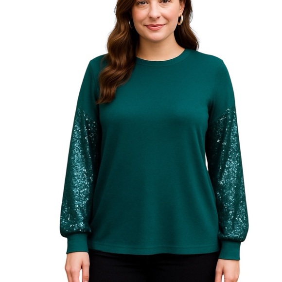 NWT Maurices Small Green Lightweight Sweater Sequin Glitter Sleeves - Picture 1 of 9
